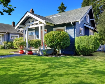 blue house with bushes and green grass