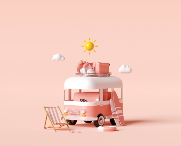 light pink background with animated van and surfboards