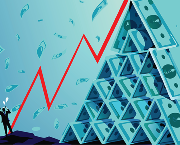 currency stacked in pyramid against blue green background with red chart line and two men talking