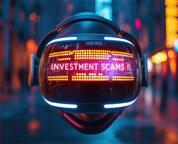 futuristic looking mask in city that reads "investment scams"