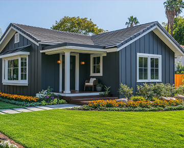 blue single-story house with green grass