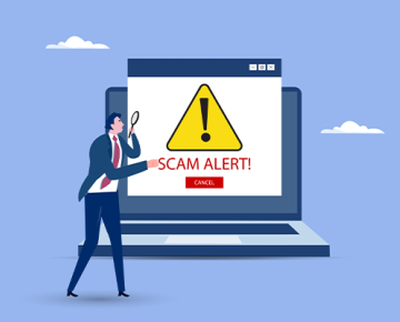 illustrated man in suit with magnifying glass looking at laptop with message that says scam alert